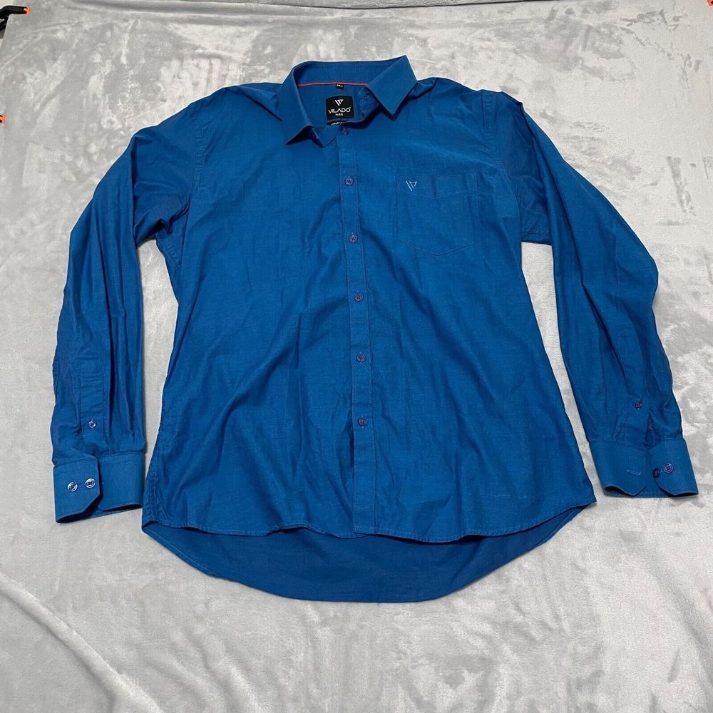 Vilado‎ Shirt Mens 44 Medium Blue Pocket Button Up Luxury Cotton Career Paris